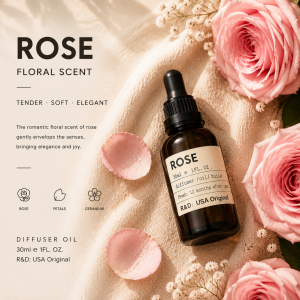 Rose essential oil diffuser product detail aromatherapy floral scent close up