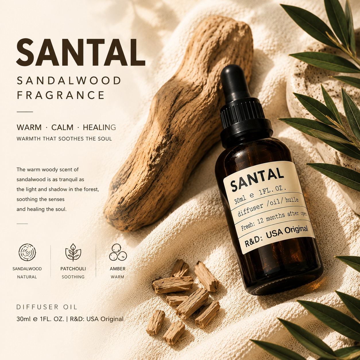 santal essential oil diffuser product detail woody aromatherapy calming meditation scent