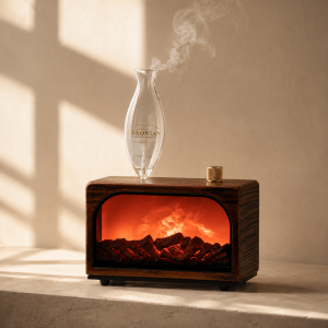 Mistora Flame Aroma Diffuser with fireplace flame light and essential oil bottle